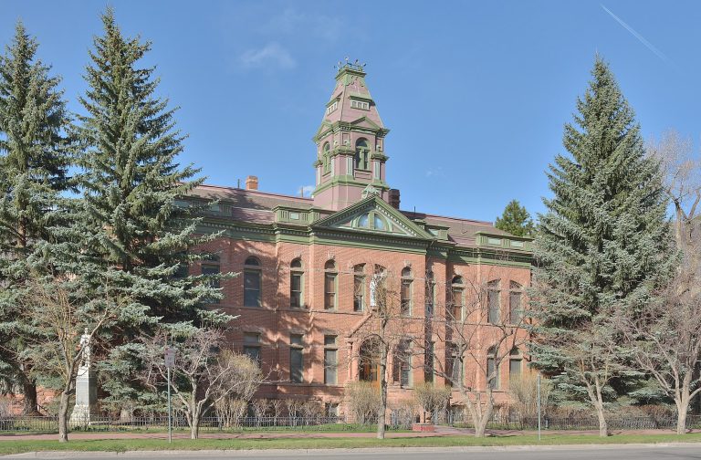 Pitkin County Courthouse unblinded justice statue in Aspen Colorado